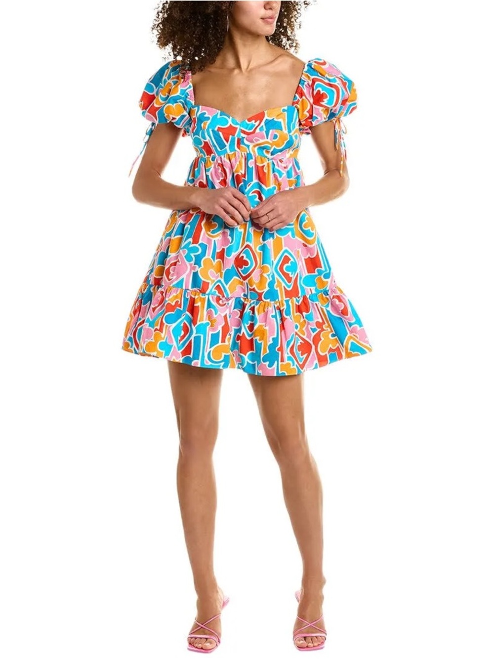 NWT Amanda Uprichard Sicily Miami Blue Multicolor Puff-Sleeve Mini Dress -Med